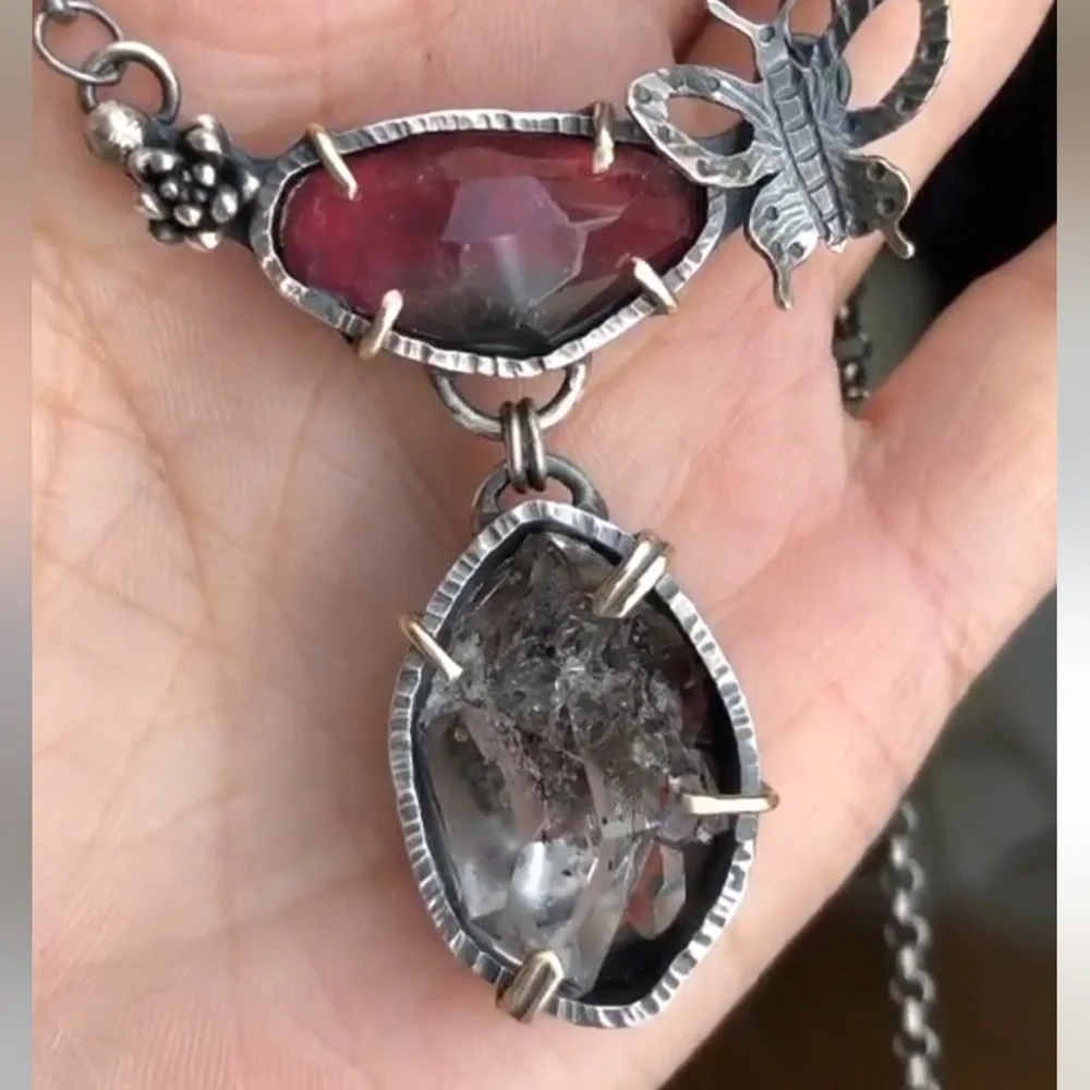 Sterling Silver and Tourmaline Pendant with Herkimer Diamond Necklace - Picture 7 of 14